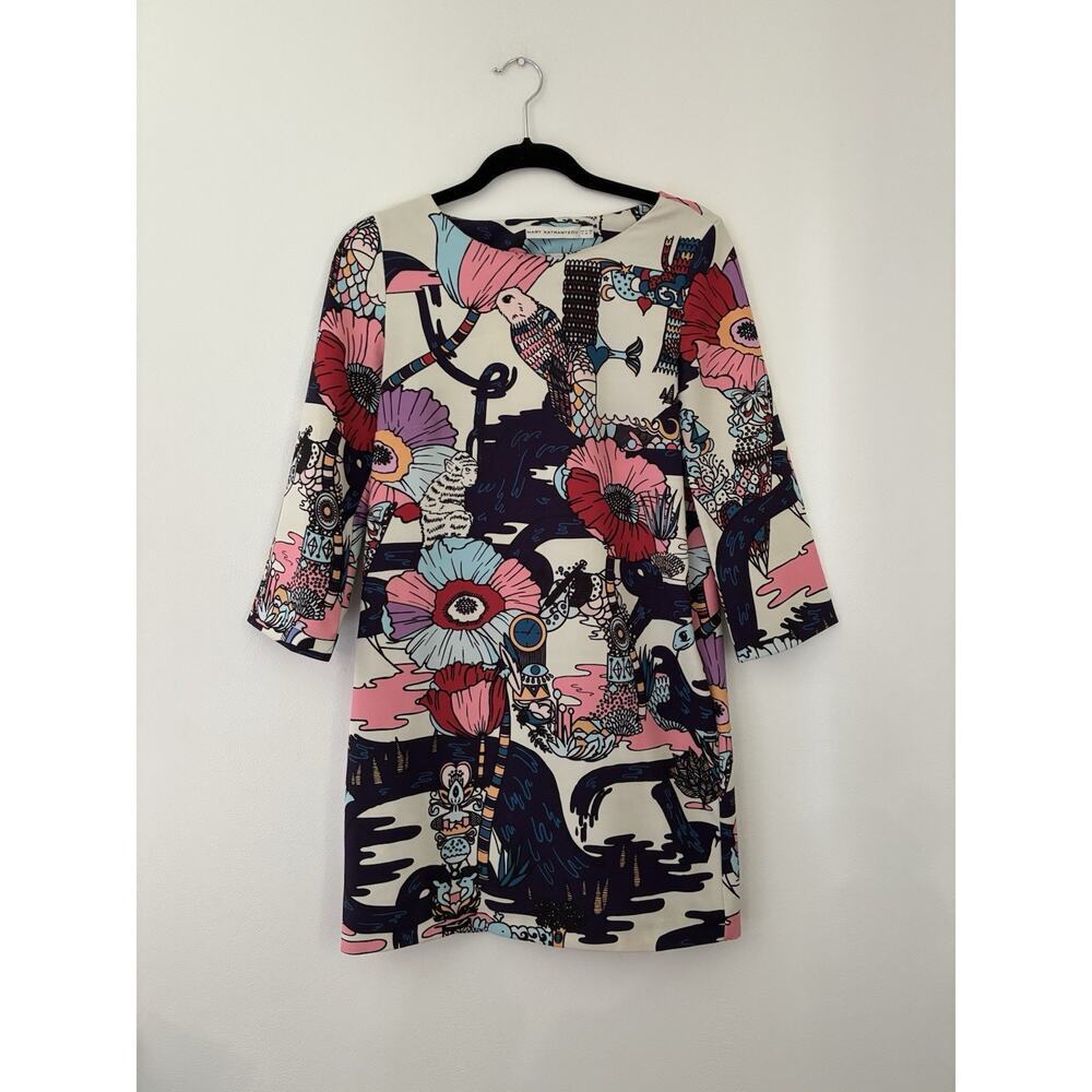 Mary katrantzou Printed Mini Shift Dress Floral Bird Size 4 IT 40 Art To Wear